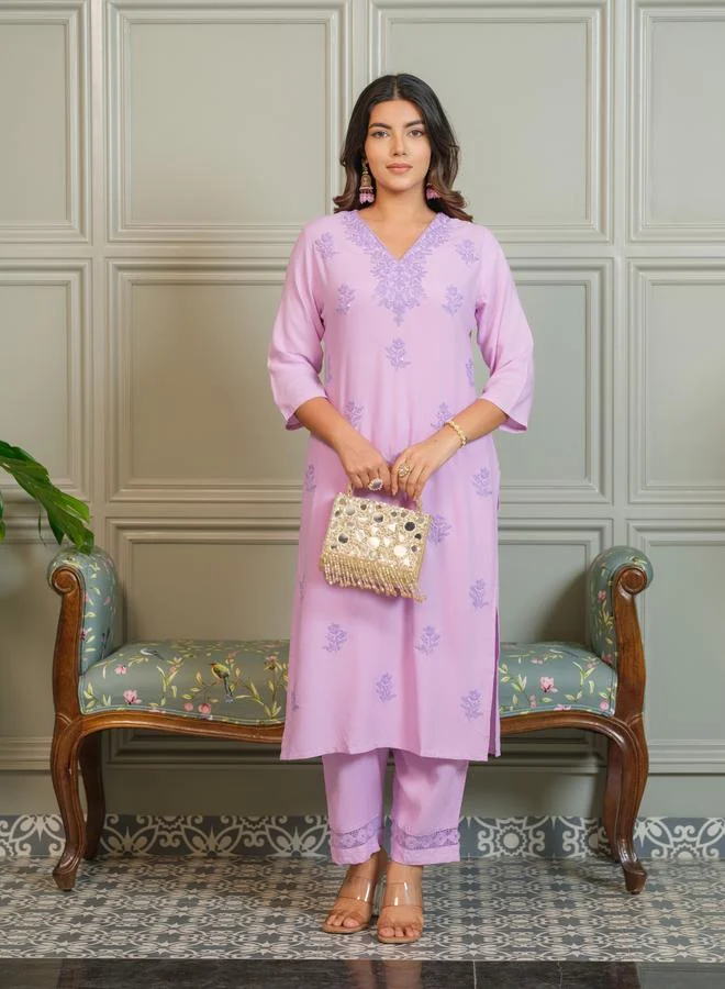 Dw  Women Pink Embroidered Straight Kurta and Trousers Co-Ords for Women | Best Price UAE